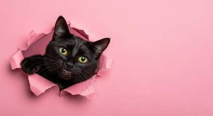 Funny Black Cat for Halloween, Advertising Banner on a Pink Background