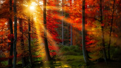 Golden sunbeams pierce through vibrant autumn forest trees with warm orange and red foliage