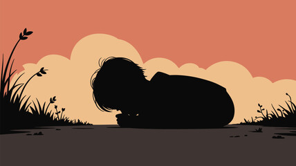 Silhouette of a person in distress, feeling lost and alone in a melancholy landscape setting at sunset