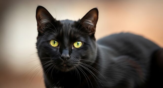 A close-up portrait of a black cat with bright yellow eyes, showcasing a focused and intense expression. - Powered by Adobe