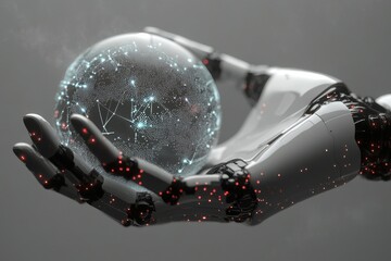 AI robot hand delicately holding digital Earth with network connections