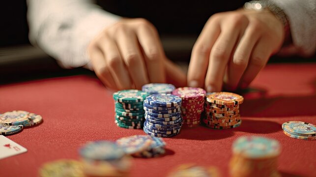 Hands stacking colorful poker chips at a casino table with playing cards in the foreground