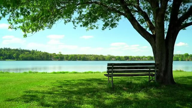 Tranquil lakeside bench underneath tree