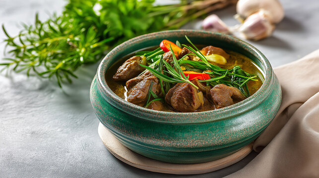 Chakapuli stew with lamb, tarragon and white wine, served in rustic ceramic bowl, vibrant green herbs
