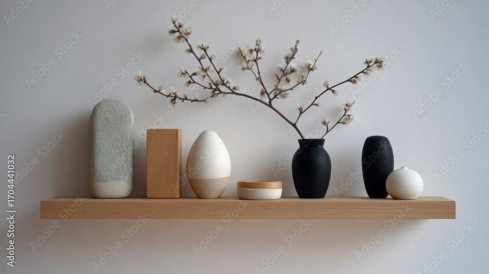Poster decorative shelf display featuring natural elements and minimalist design in a modern interior setti