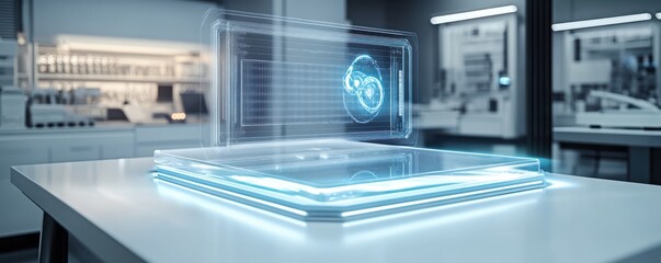 Advanced scientific visualization featuring futuristic holographic interface on laboratory desk