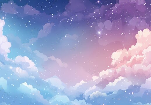 Dreamy pastel sky with fluffy clouds and scattered stars, creating a whimsical and serene atmosphere