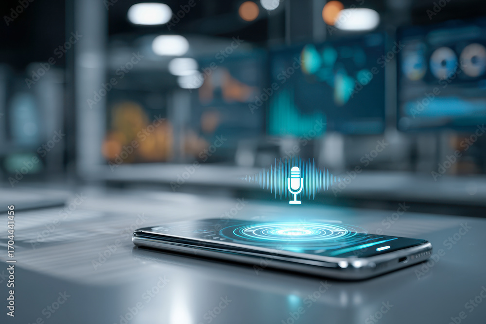 Poster smartphone displaying futuristic holographic voice assistant interface symbol with glowing digital s
