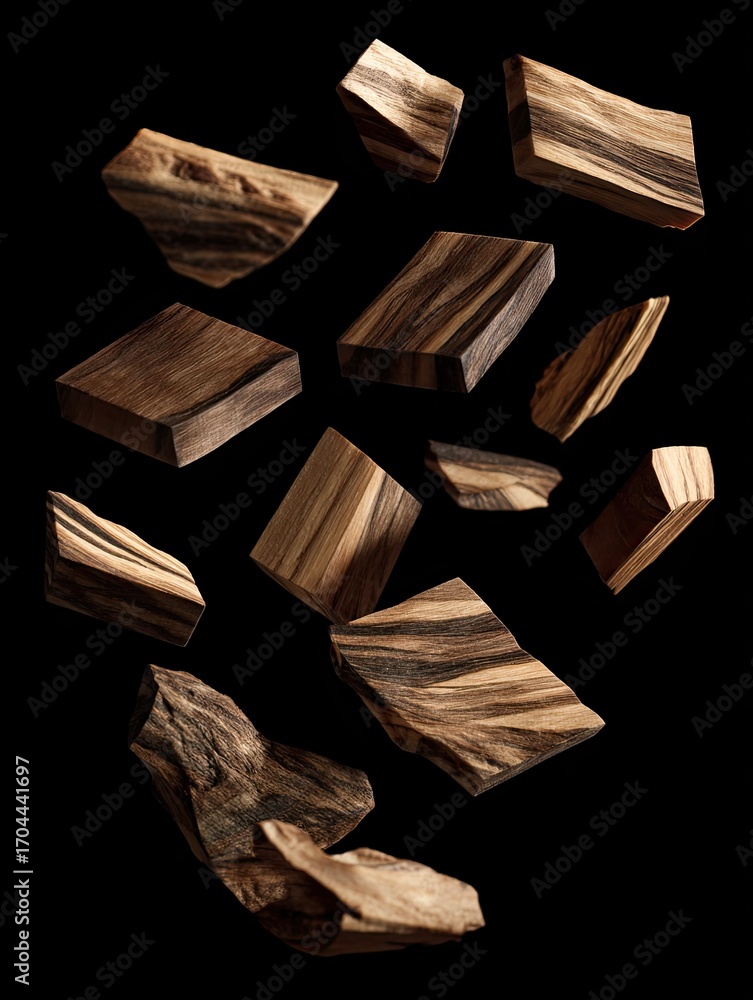 Poster dark wood pieces of varying shapes and sizes float against a black background, creating a dynamic an