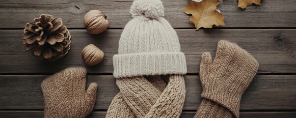 Winter fashion flatlay with knitted accessories and rustic style