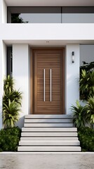 Elegant residence entrance showcasing a solid wood door with modern stainless steel hardware and