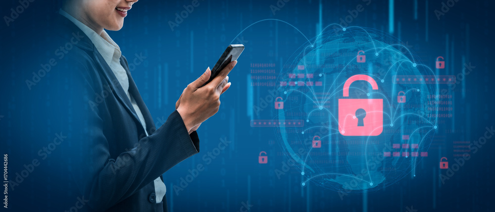 Poster digital security concept illustrating a cybersecurity breach, with a red unlocked padlock indicating