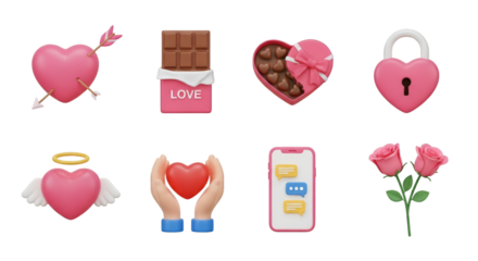 Valentine's Day Icons: Hearts, Chocolate, Roses, and Phone