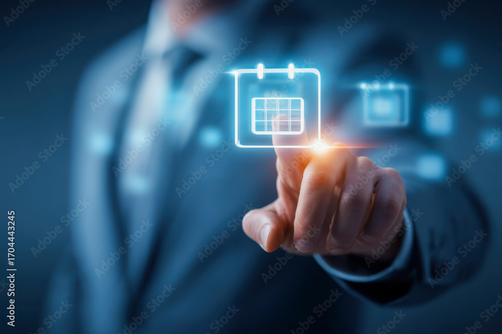 Poster Businessman in a suit interacting with futuristic virtual calendar icons for smart scheduling and digital time management in a modern office environment
