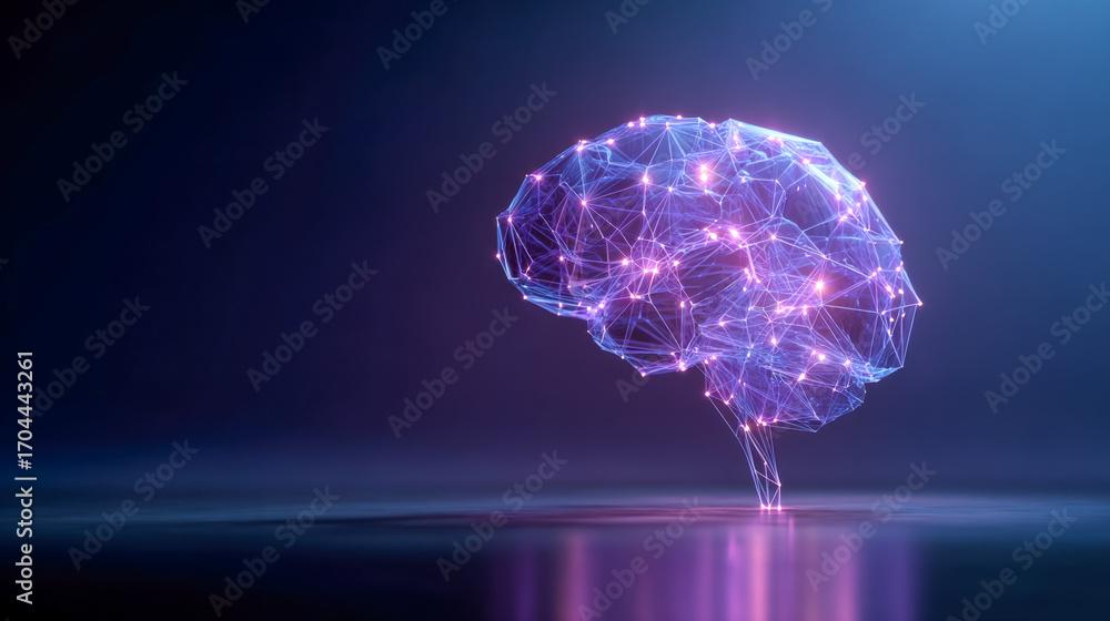 Aufkleber digital representation of a human brain composed of interconnected glowing nodes and lines against a