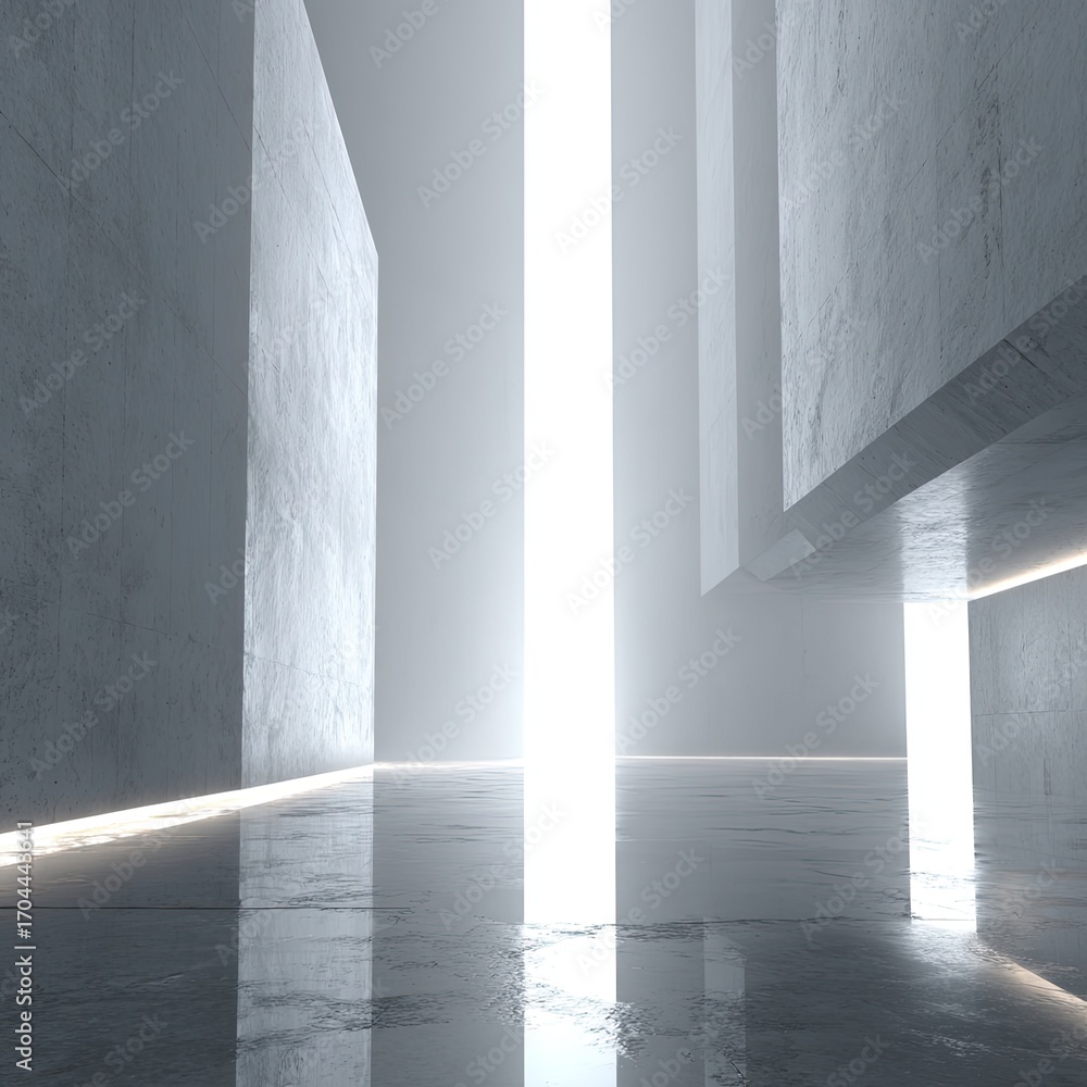 Aufkleber Minimalist architectural rendering of a sleek, modern space featuring large concrete blocks, a glossy marble floor, and a bright vertical light source creating strong reflections and shadows