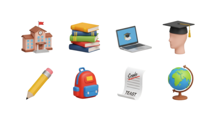 Collection of 3D educational icons on black background
