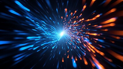 Abstract burst of blue and orange light streaks exploding outward from a bright central glow