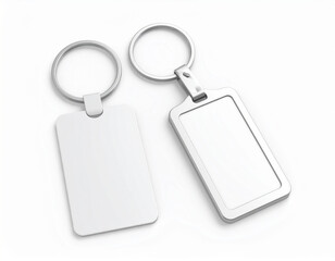 Fototapeta premium Two Silver Keychain Mockups on White Background, Rectangular Sha