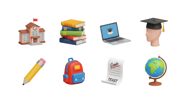 Collection of 3D educational icons on black background