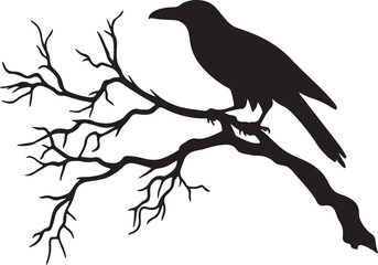 Fototapeta premium Raven Sitting on Branch Silhouette on Transparent Background