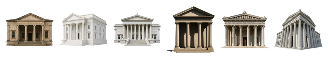 Classical architecture building set including various temple, facade, and public institution styles isolated. History, government, and finance concepts.