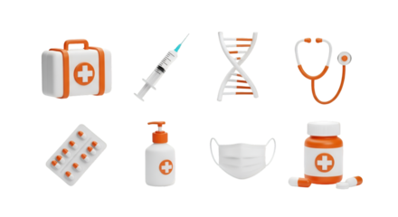 Medical Icons: First Aid, Syringe, DNA, Stethoscope, Pills, Mask