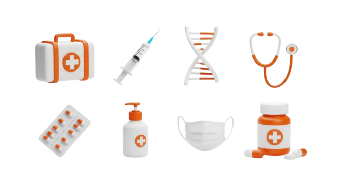 Medical Icons: First Aid, Syringe, DNA, Stethoscope, Pills, Mask