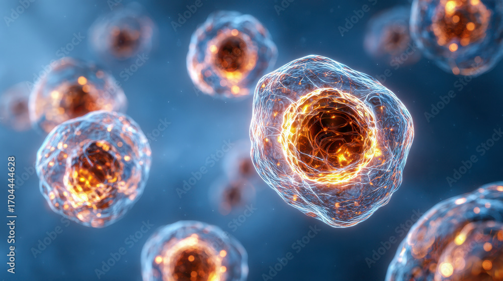Poster visualization of glowing microscopic cells with intricate internal structures suspended in a vibrant