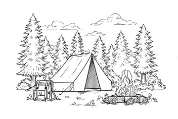A hand-drawn sketch depicts a tranquil camping scene nestled amidst a lush pine forest, featuring a tent, campfire, and backpack