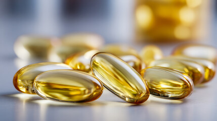 Close-up of golden omega-3 fish oil capsules scattered on a reflective surface with a blurred background, highlighting health supplement benefits and nutritional support