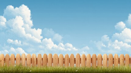 Obraz premium Wooden Fence Extends Across a Grassy Field Under a Clear Blue Sky Filled With Fluffy White Clouds During Daytime