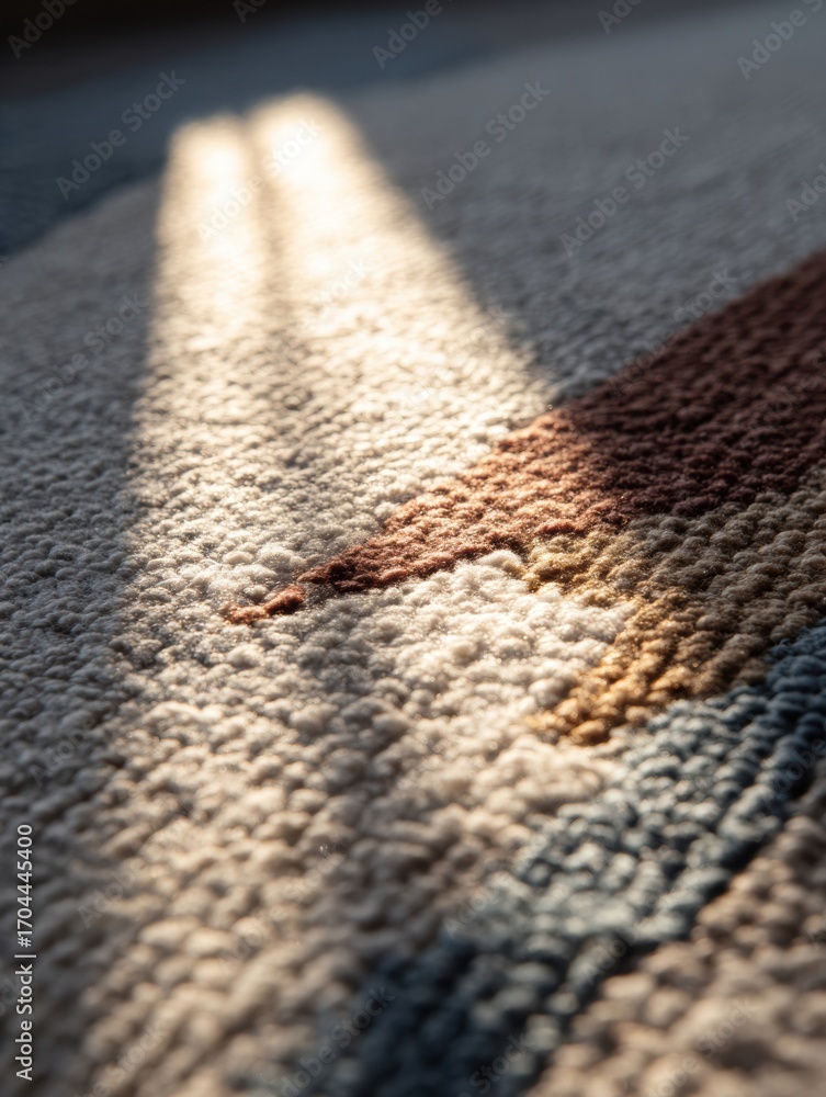 Aufkleber light streaming onto a textured rug highlighting intricate patterns in a cozy indoor setting during 
