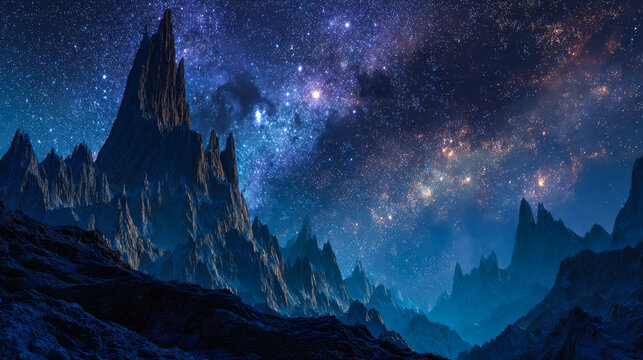 Majestic mountain landscape under a vibrant starry night sky