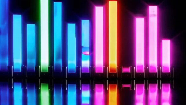 Vibrant Neon Graphic Equalizer Bars Visualizing Music with Glowing Lights and Reflections. Seamless looping 4k video background 