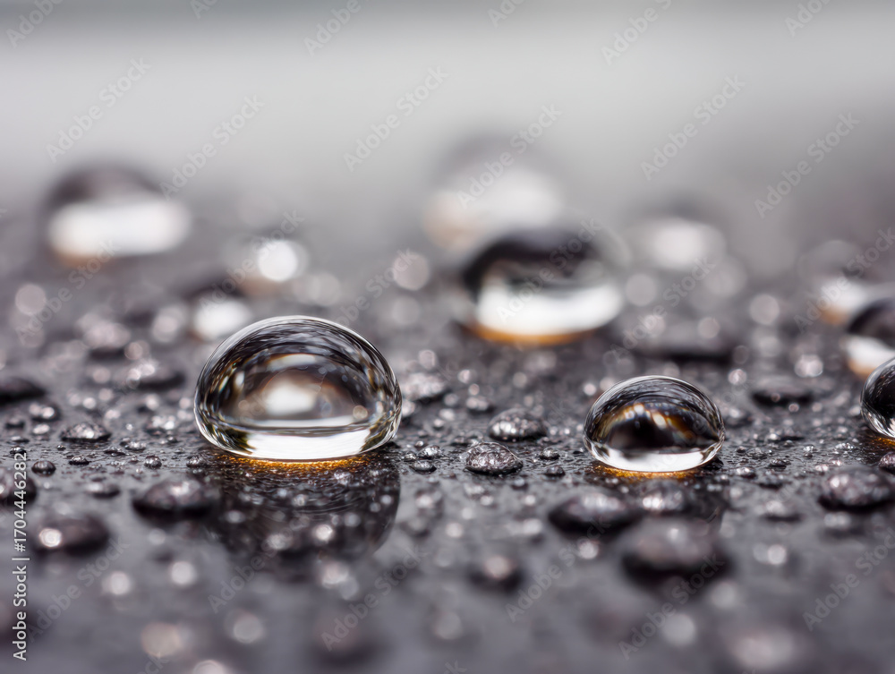 Aufkleber close-up view of shiny water droplets of various sizes resting on a smooth dark surface with soft li