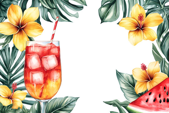 Vibrant watercolor illustration featuring a refreshing summer cocktail with ice, surrounded by tropical flowers and lush green leaves, ideal for summer print design and projects with copy space