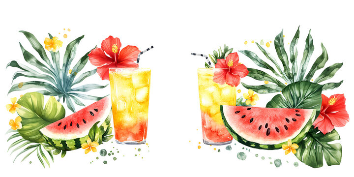 Watercolor illustration featuring tropical summer drinks with vibrant hibiscus flowers, fresh watermelon slices, and lush green foliage, perfect for print design and seasonal decor concepts