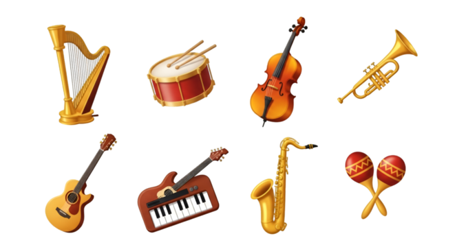 Assortment of Musical Instruments on Black Background - Powered by Adobe