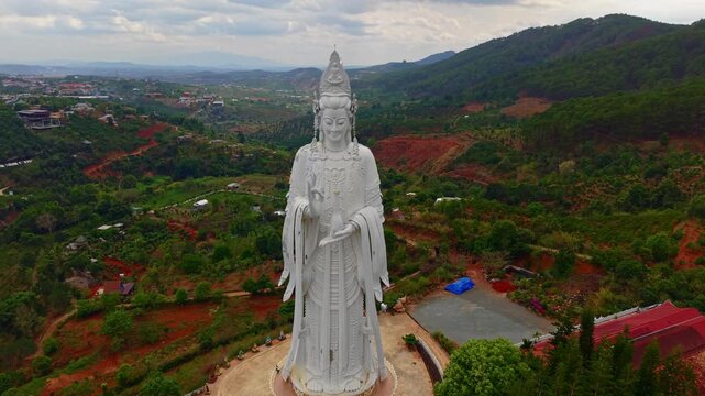 Aerial view of statue Linh An Pagoda near Elephant waterfall in Nam Ban Lam Dong province DaLat city, Vietnam..