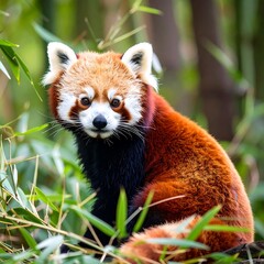 Close-up of a red panda in bamboo