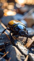 Fototapeta premium Close-up of a golden-black beetle on rocks