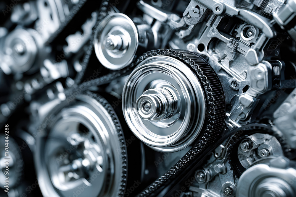 Poster close-up of metallic engine components with multiple pulleys and drive belts