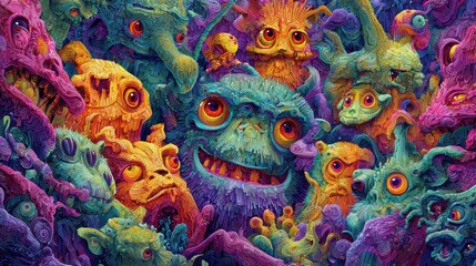 vibrant cartoon monsters in abstract chaos neural network ai generated