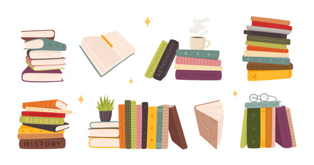 A vector set with stacks of books, a coffee mug, a houseplant, and glasses, perfect for educational and classroom themes.