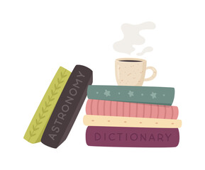 A vector illustration of a stack of school books, with colorful spines and simple shapes, ideal for educational and classroom themes.