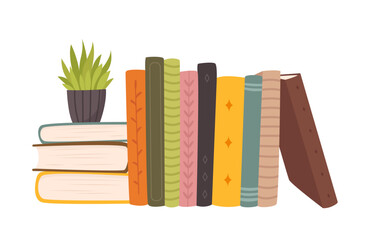 A vector illustration of a stack of school books, with colorful spines and simple shapes, ideal for educational and classroom themes.