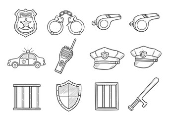 Set of 10 police icons in hand drawn doodle style. Vector illustration with badge, handcuffs, whistle, police car, walkie talkie, flashlight, hat, jail bars
