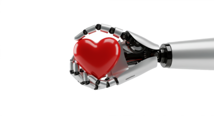 Robotic Hand Holding a Red Heart isolated, PNG