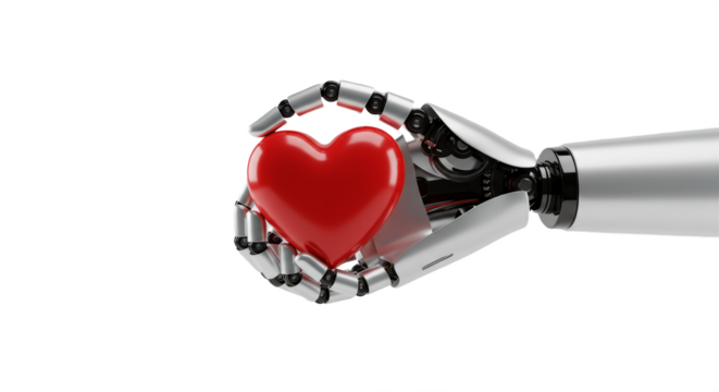 Robotic Hand Holding a Red Heart isolated, PNG 